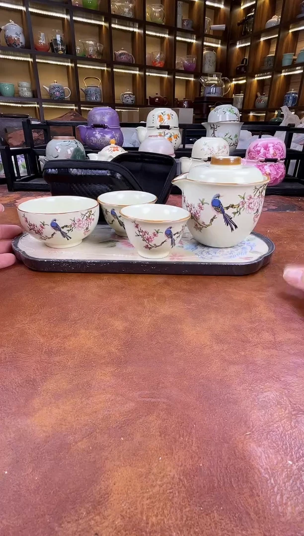 瓷片喜鹊登枝旅行套装+刺绣牡丹盘