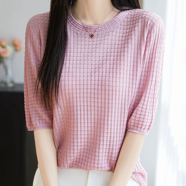 S·Y·C【别致高级感】夏季桑蚕丝天丝圆领华夫格短袖