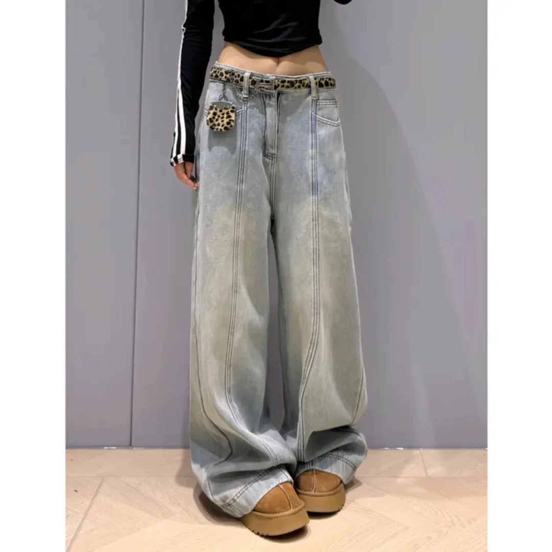 美式水洗休闲牛仔裤女2024冬季新款复古阔腿裤加绒加厚629