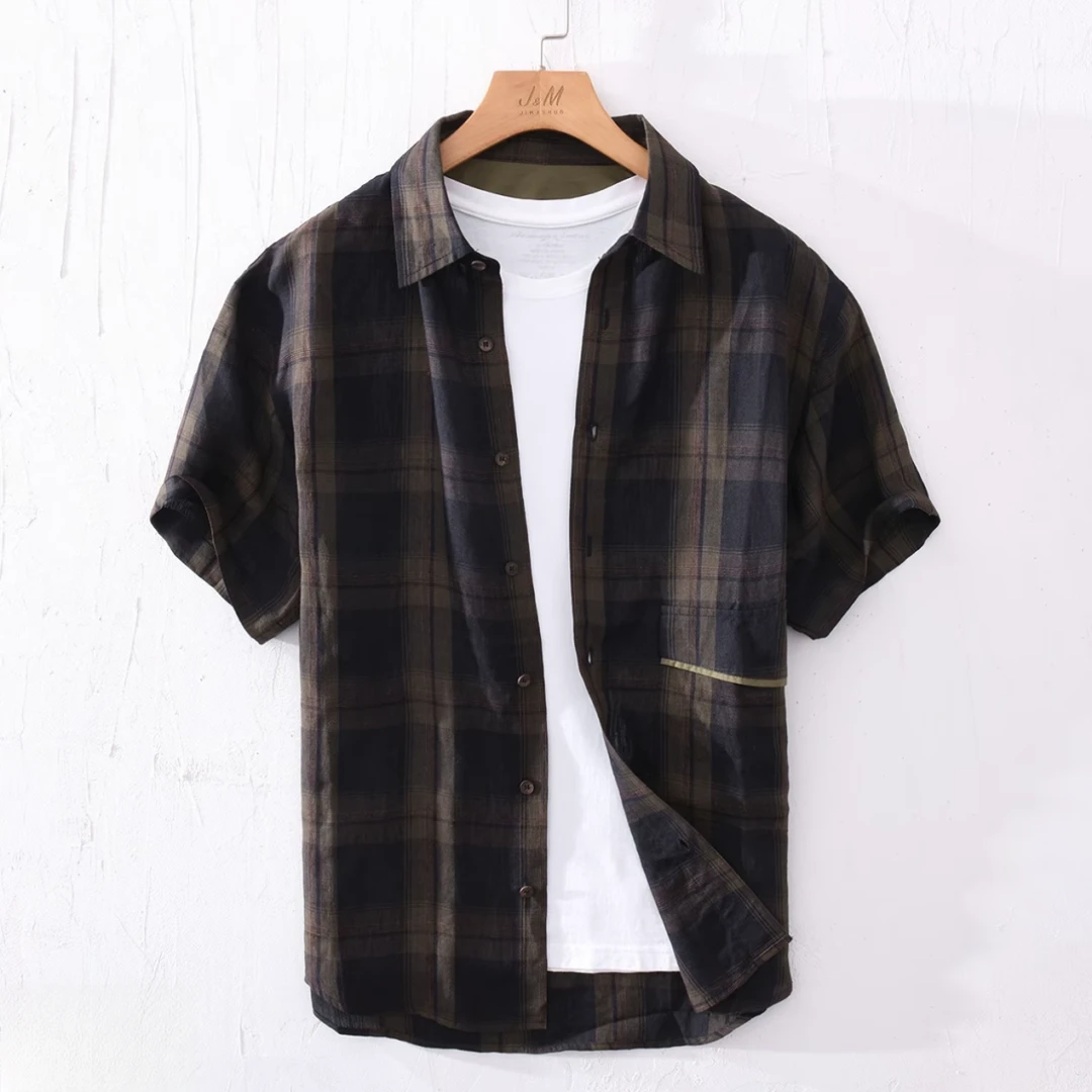 复古翻领短袖棉麻衬衫男士格子潮流宽松亚麻衬衣242571