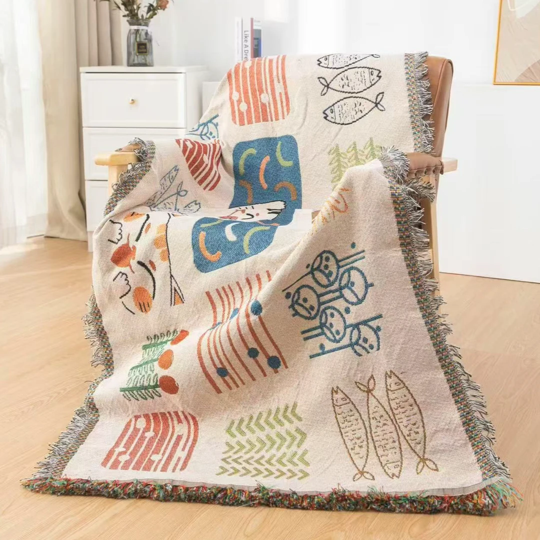 【招财猫】单人90*90新款高端A类纱布艺术沙发巾棉麻防滑编织