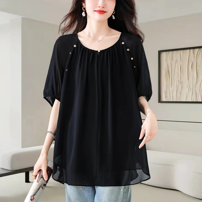 黑色圆领短袖雪纺衫女夏季2025新款洋气减龄宽松遮肚别致小衫上衣