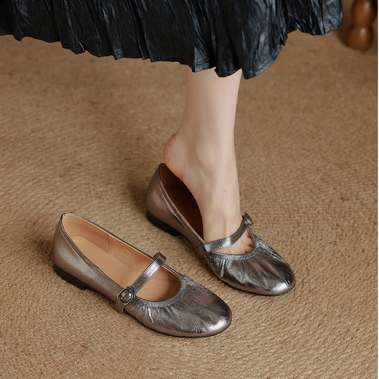 超软羊皮玛丽珍鞋女软底小皮鞋豆豆鞋平底奶奶鞋法式浅口枪色单鞋