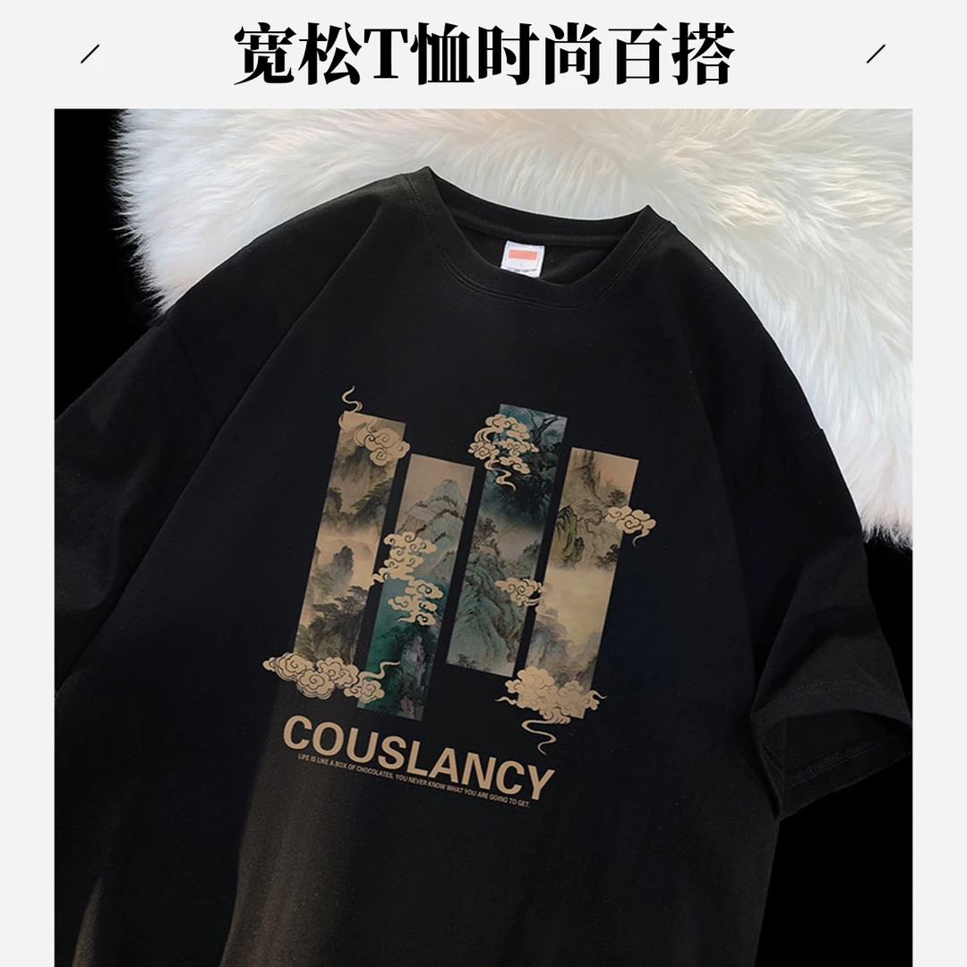 宽松休闲T恤圆领短袖字母夏季情侣装港风百搭 半袖印花设计感上衣