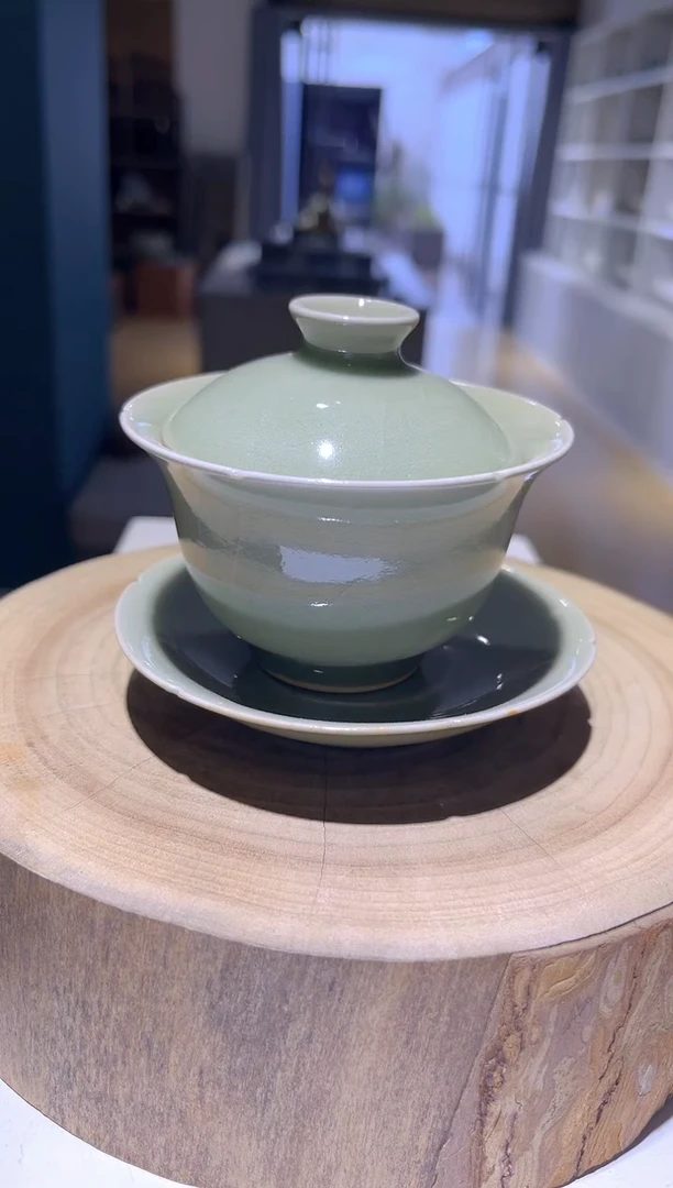 原生态原矿粉青盖碗脱釉