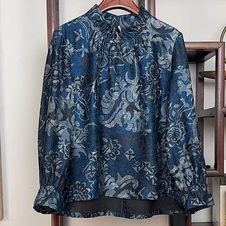 2025春季新款香云纱桑蚕丝新中式高贵青花瓷上衣