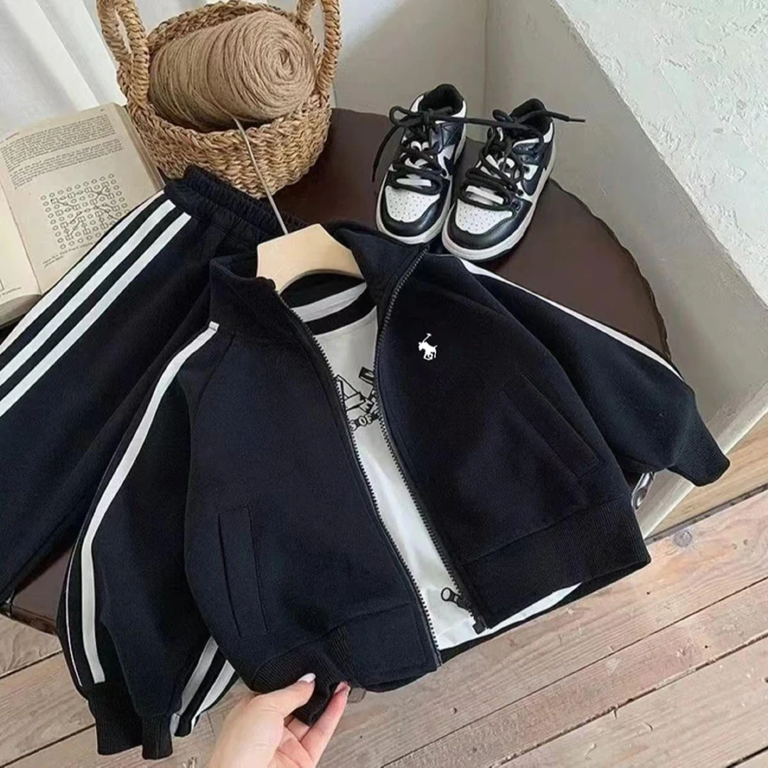 男女春季纯色条纹童装秋季拉链套装男女童外套春秋