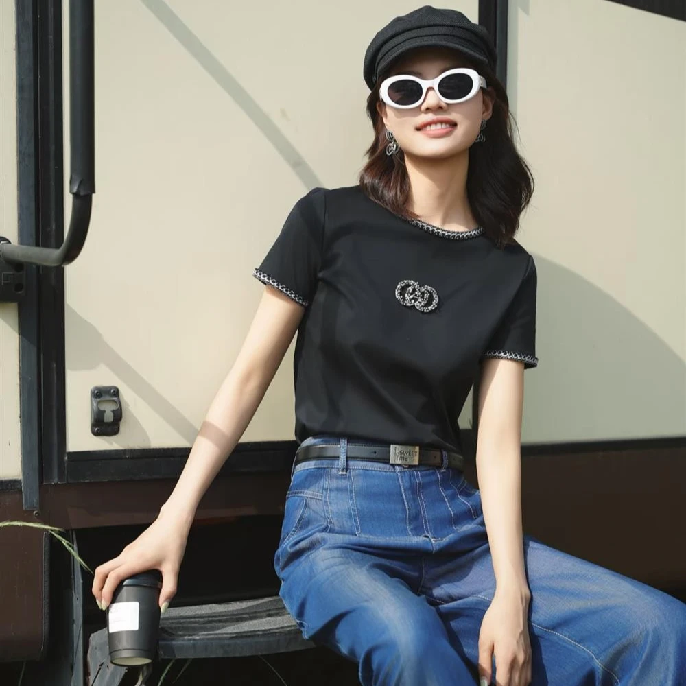 【商场同款】2025夏款简约圆领钉珠小香风黑色短袖t恤女上衣530054