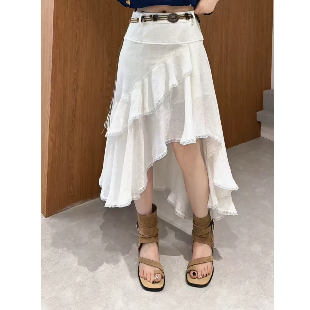 设计感不规则蕾丝花边半身裙女夏季新款时尚松紧腰显瘦a字长裙