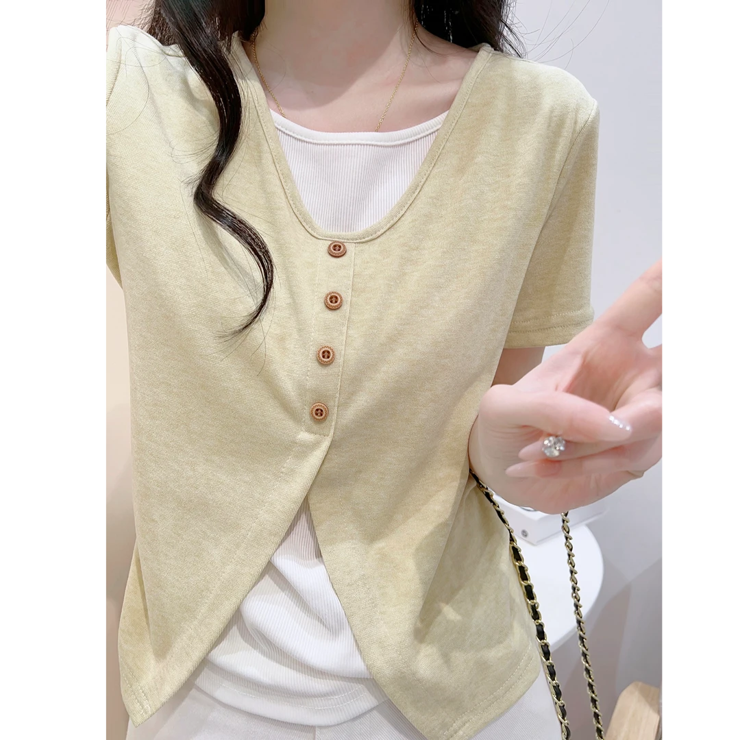 假两件拼接正肩短袖T恤女夏季不规则开叉设计感显瘦体恤短款上衣