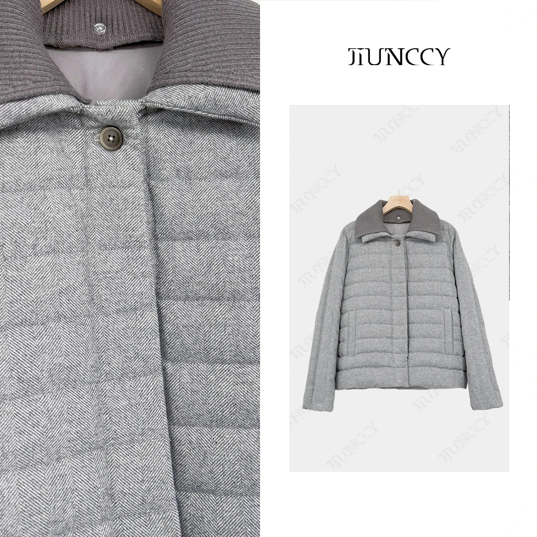 JIUNCCY【冰岛】羊毛混纺人字纹拼毛织领短款90白鹅绒服 42YRF088
