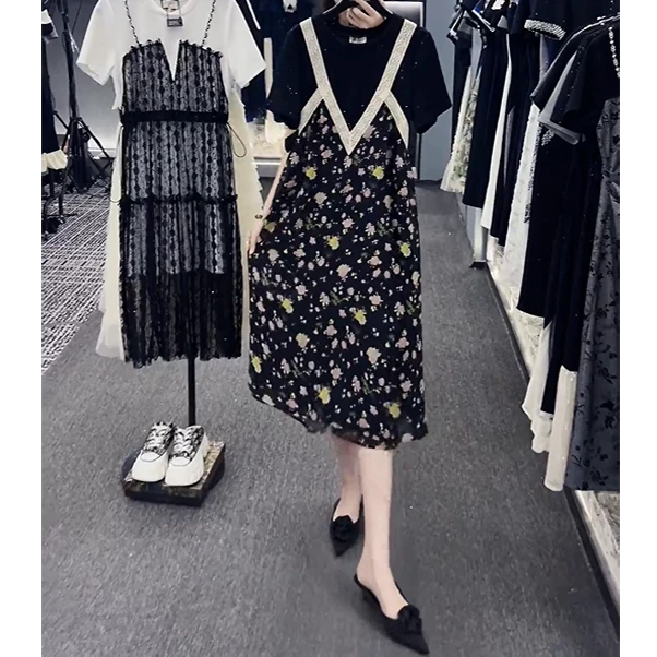 法式茶歇碎花气质连衣裙2025夏季新款拼接假两件设计感减龄中长裙