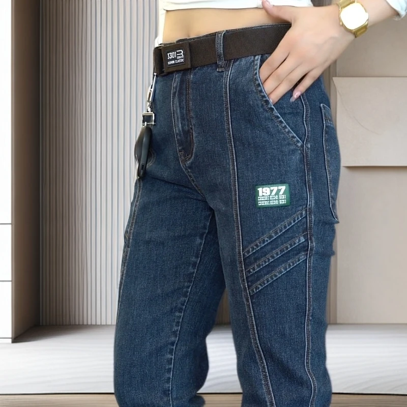 时尚印花1977潮流拼接宽松男士牛仔裤春弹力直筒男裤百搭帅气裤子