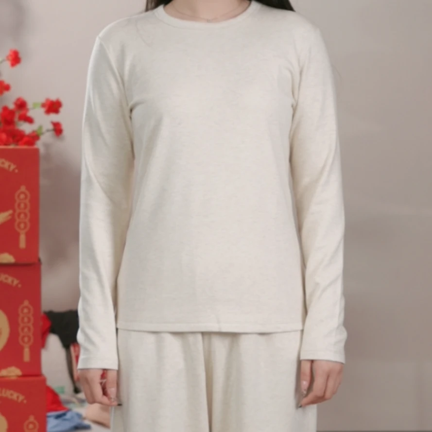 柞蚕丝女款原色米白色圆领柞蚕丝保暖卫衣