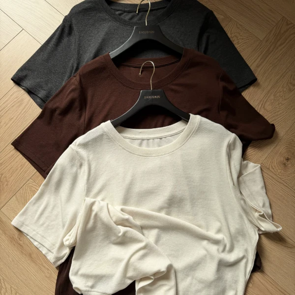 【瘦瘦】大码夏季螺纹圆领套头基础天丝羊毛舒适宽松短袖S01473