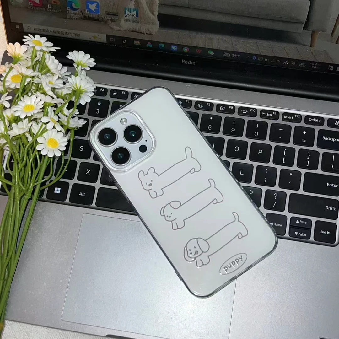 卡通线条小狗图案适用苹果全系列华为vivo小米oppo双层IMD手机壳