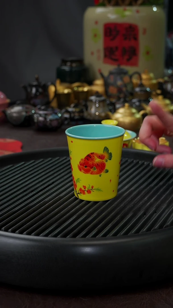 【闪购商品】杯【宜景窑焦黄】手绘鱼可乐杯