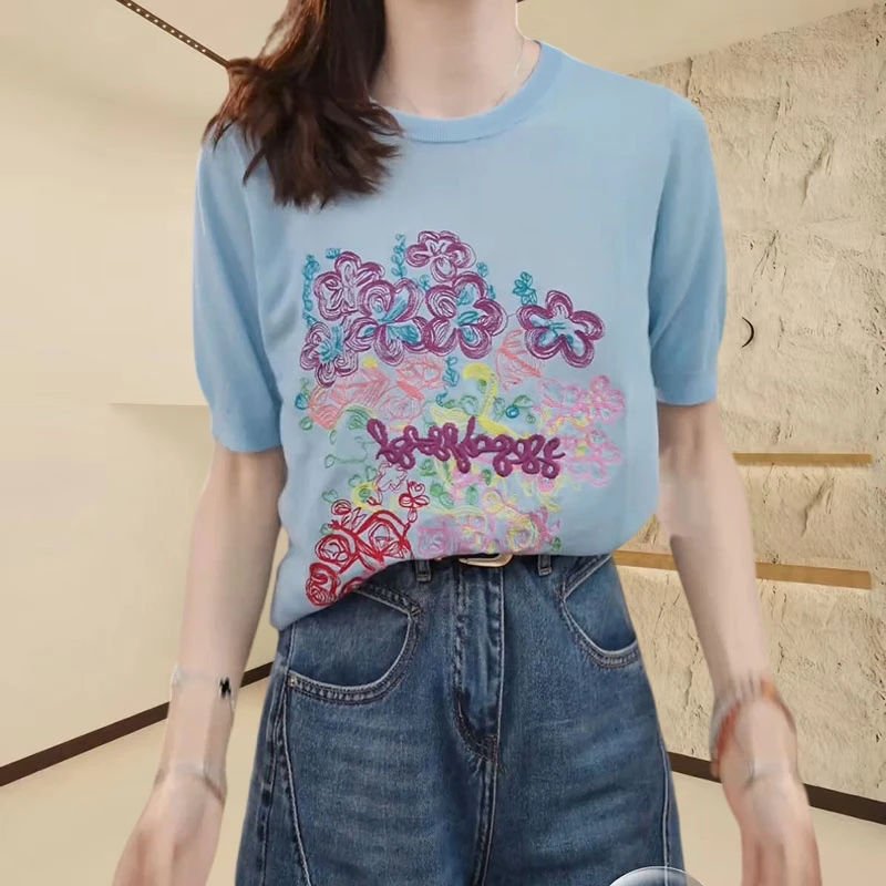 【花团锦簇】2025新款彩色刺绣上衣重工女印花T恤时尚百搭宽松圆领