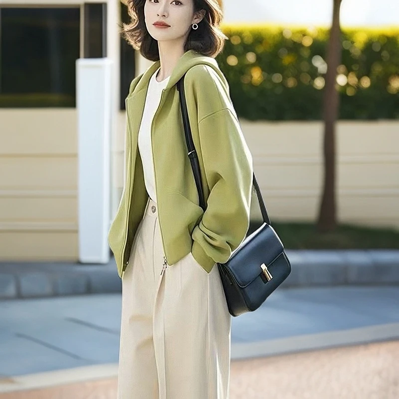 2025秋冬新款小个子设计感百搭高级小众不撞款绿色开衫卫衣外套女