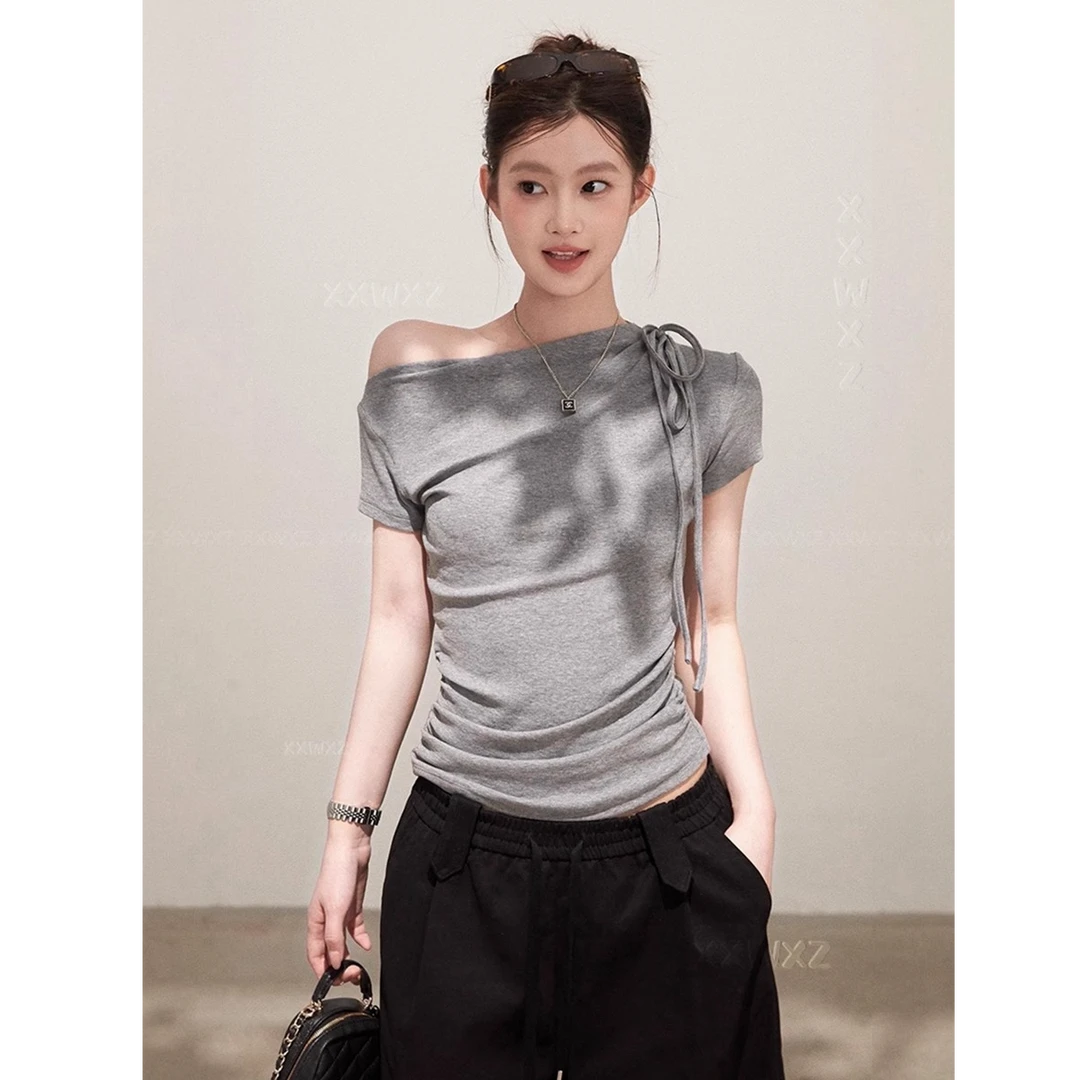 Not defined纯欲辣妹绑带斜肩短袖T恤女夏季修身显瘦褶皱百搭上衣