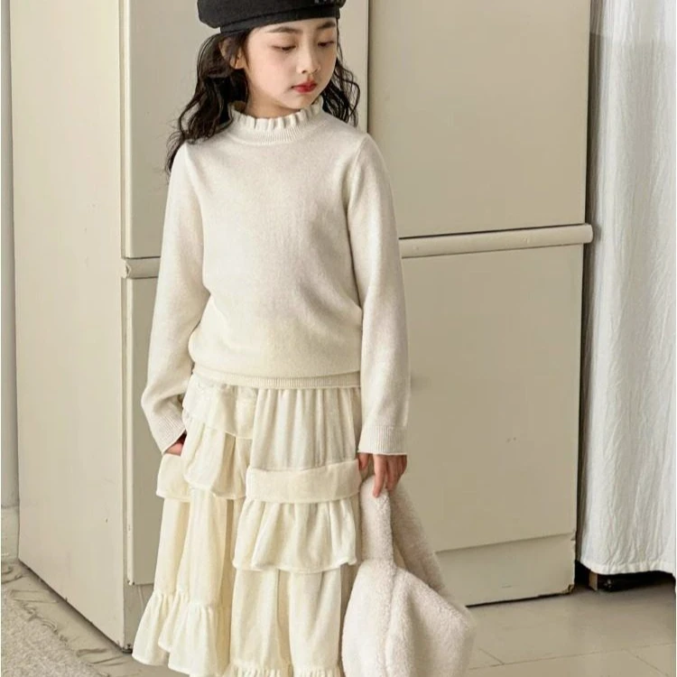 韩版女童洋气气质花边领长袖毛衣儿童秋冬打底针织衫加绒蛋糕半裙