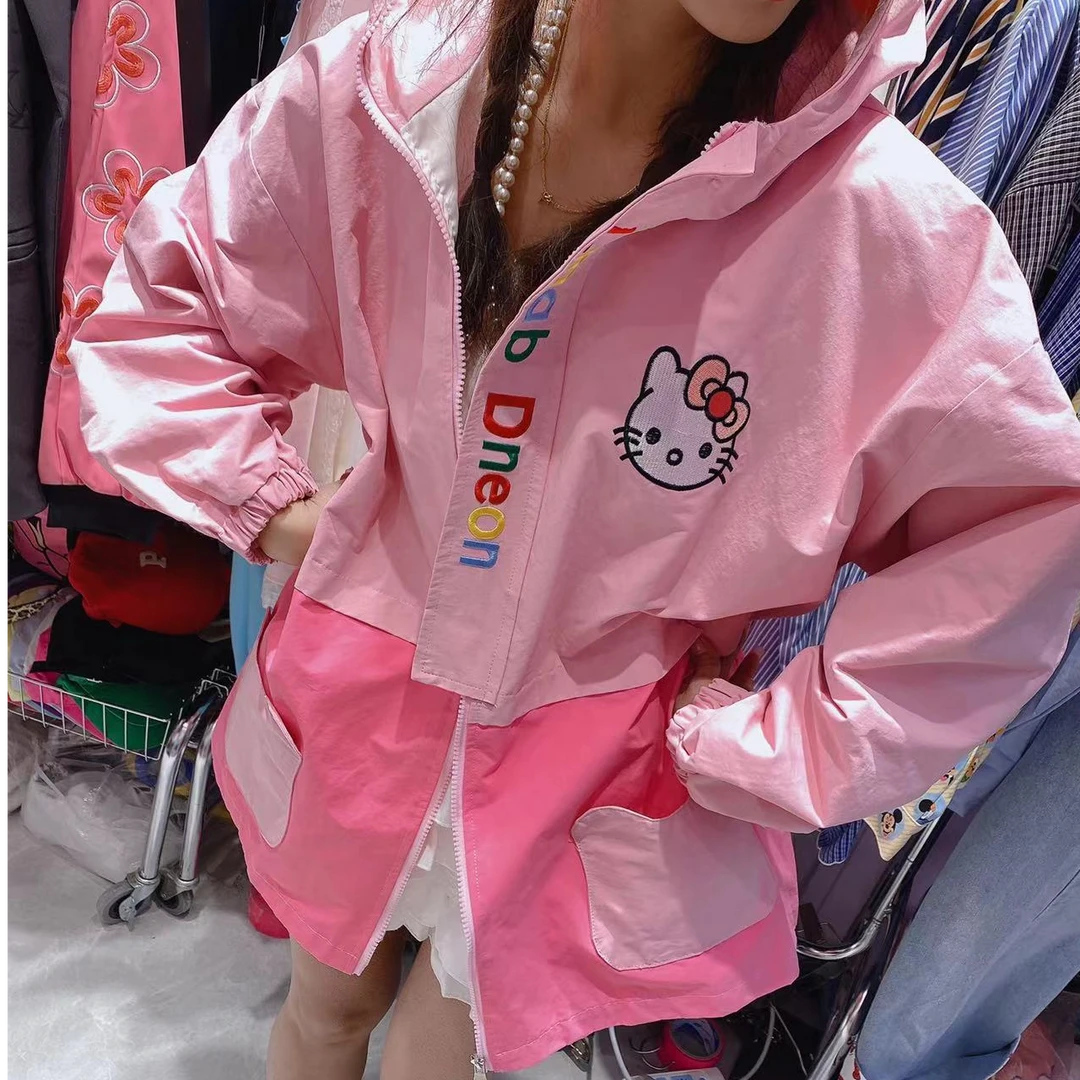 【纯熙+】8028早春新款拼色刺绣字母KK猫薄外套女韩版宽松百搭上衣