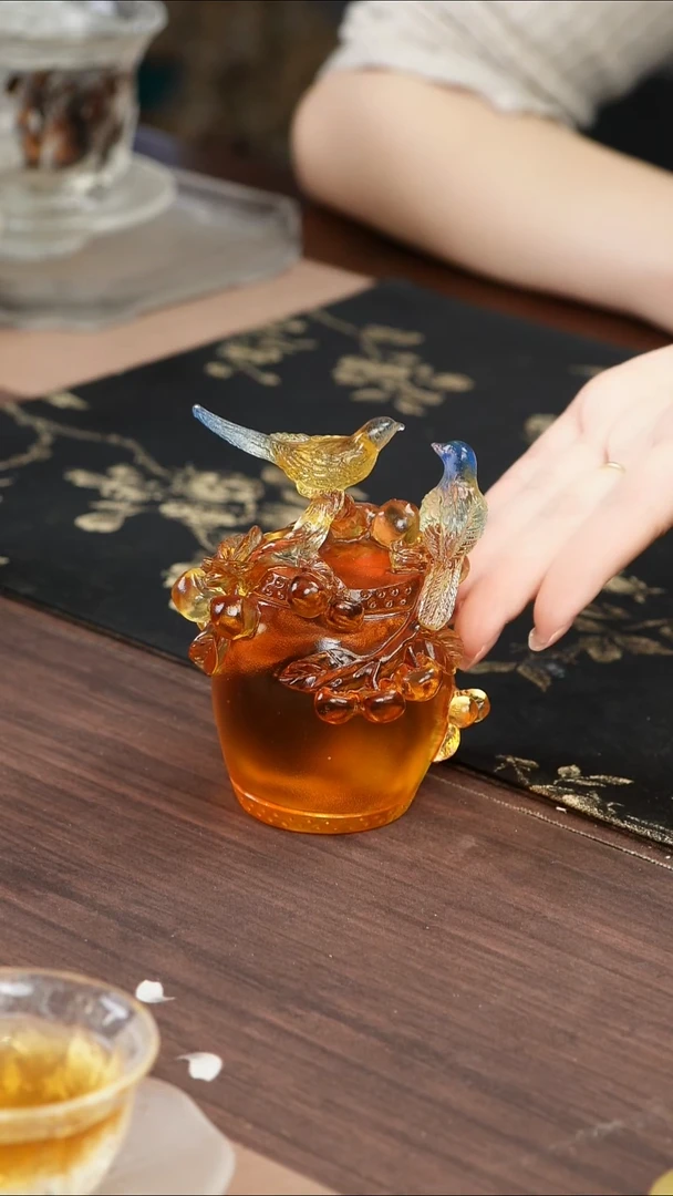 手工艺品琉璃鼓动喜事鸟茶宠摆件