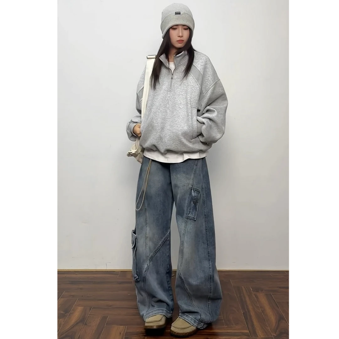 QYDD潮牌美式弯刀裤高级感痞帅裤子男早秋中性风工装牛仔裤子