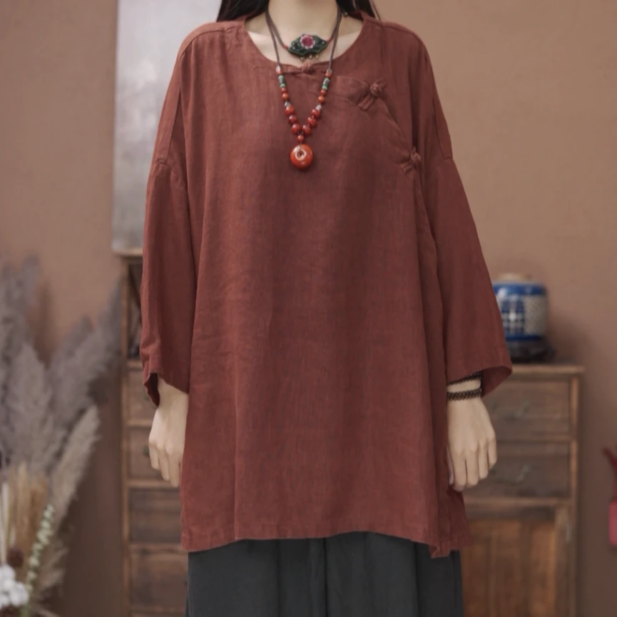 【原制原味】2025新款6743亚麻炒色斜襟复古宽松短款开叉圆领袍子
