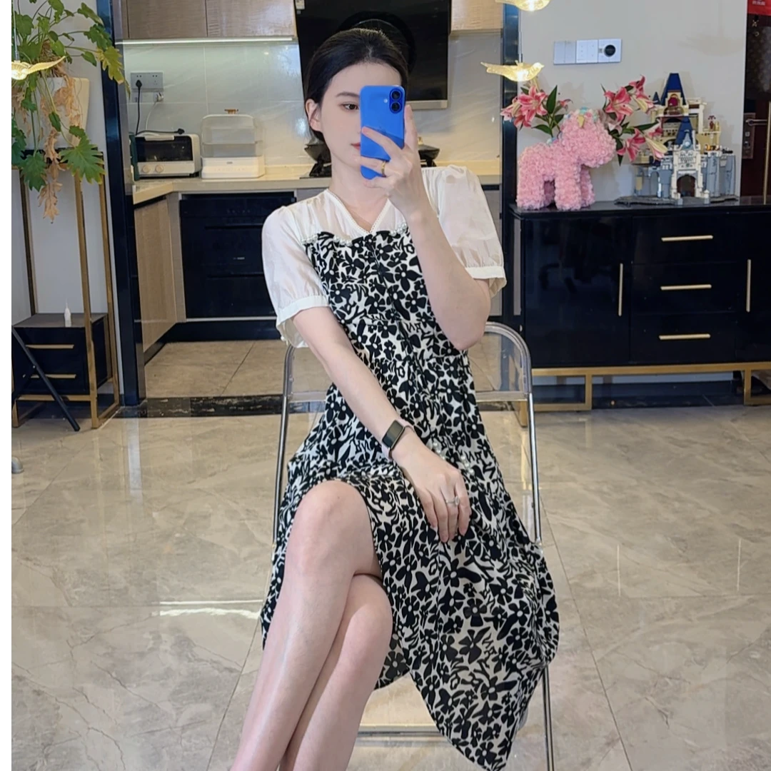 667气质时尚碎花假两件连衣裙2025夏季新款法式收腰中长款裙子