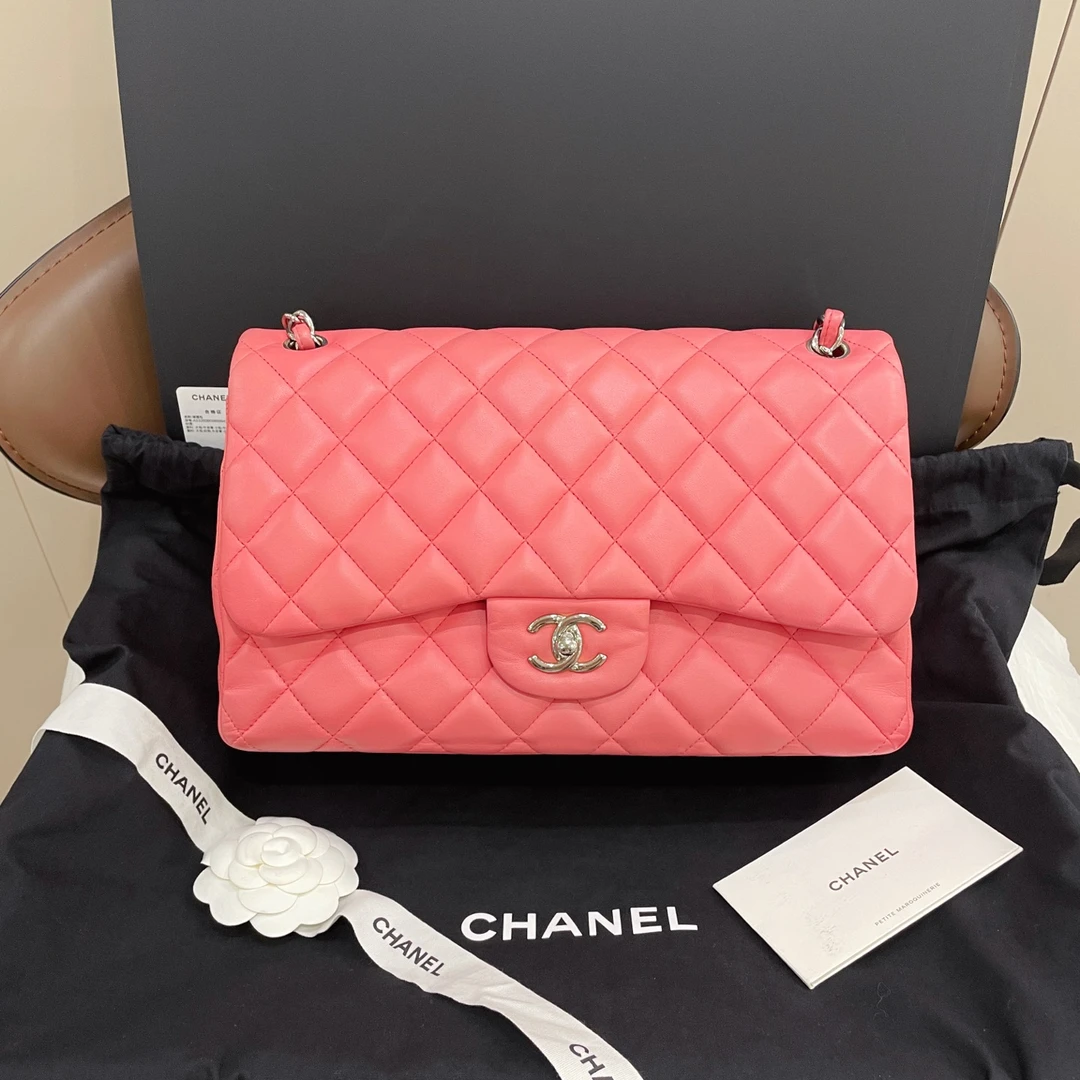 95新 Chanel/香奈儿 粉色银扣cf jumbo单肩包
