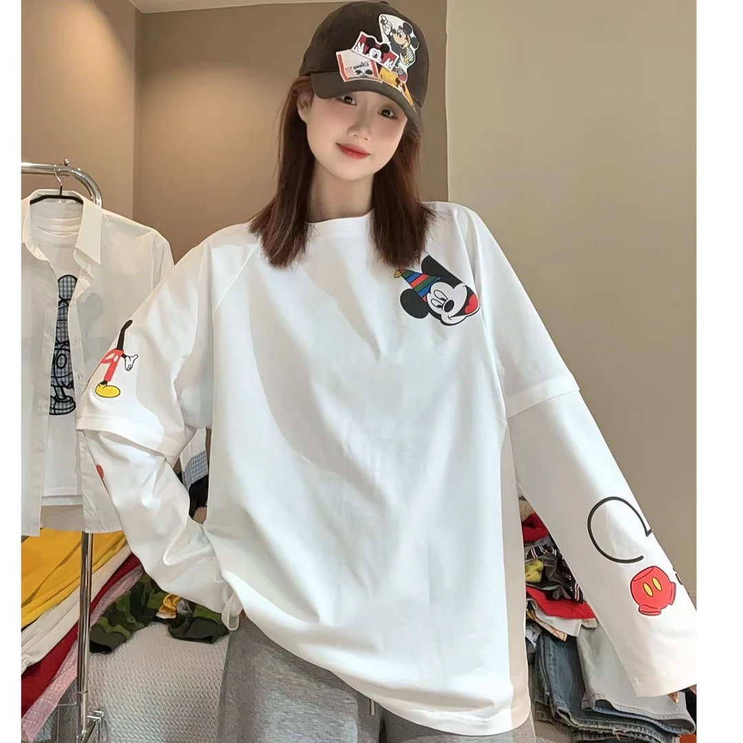 【FANG方方】韩版东大门白色米奇礼花筒圆领长袖打底T恤印花假两件