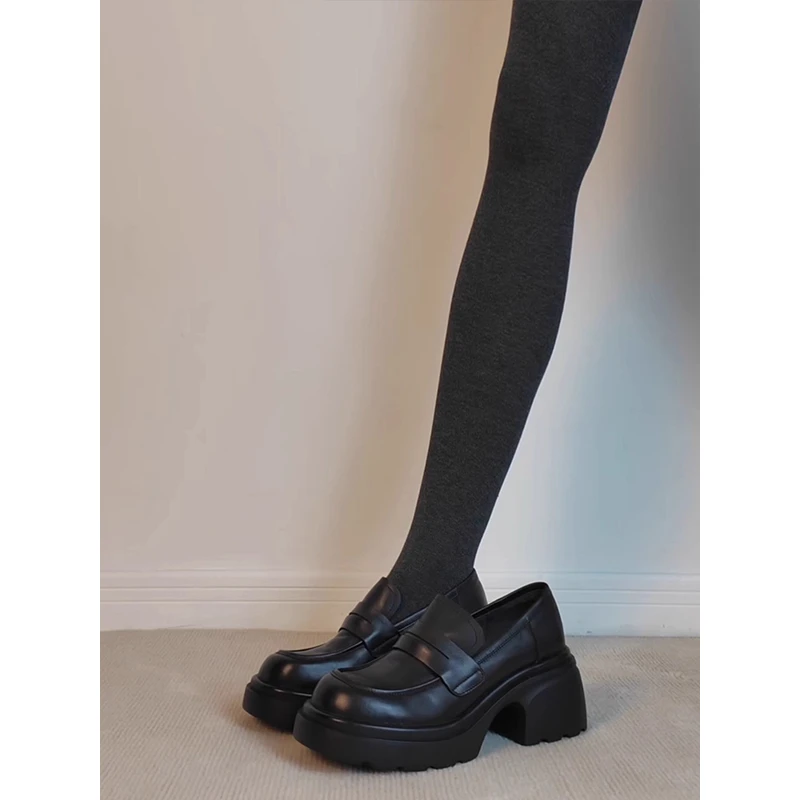 羊皮版~复古圆头粗跟乐福鞋女通勤黑色厚底舒适单鞋一脚蹬小皮鞋
