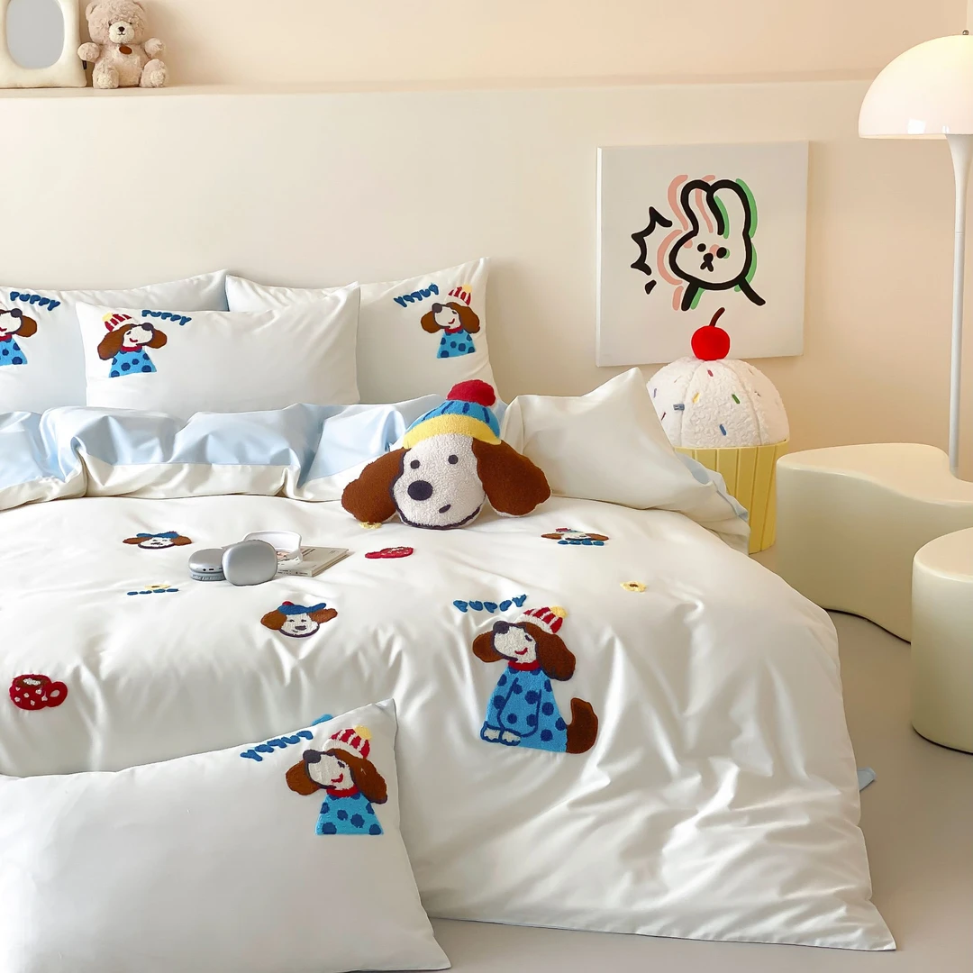 100*（50*50）全棉长绒棉四季款卡通四件套-咖啡小狗