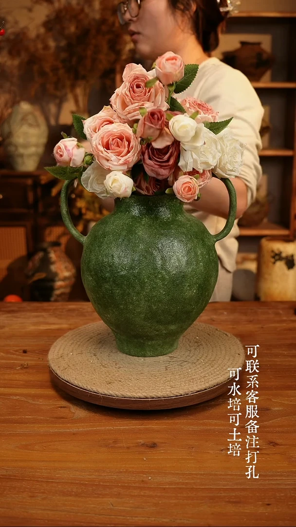 陶瓷291绿色双耳大肚瓶可水培可土培