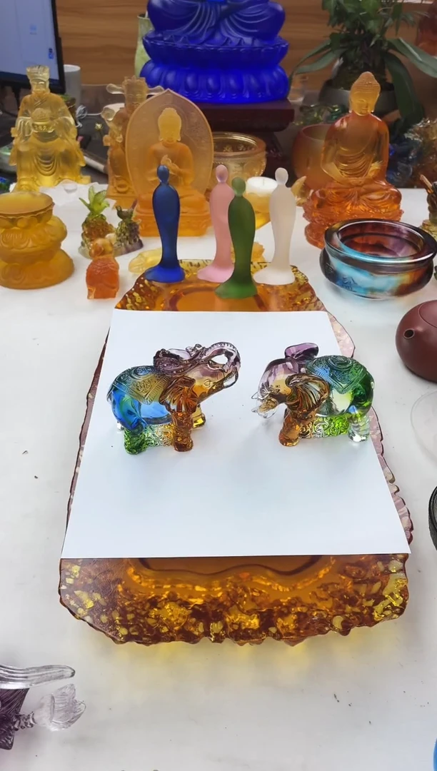 手工艺品琉璃纳财纳福象一对彩色