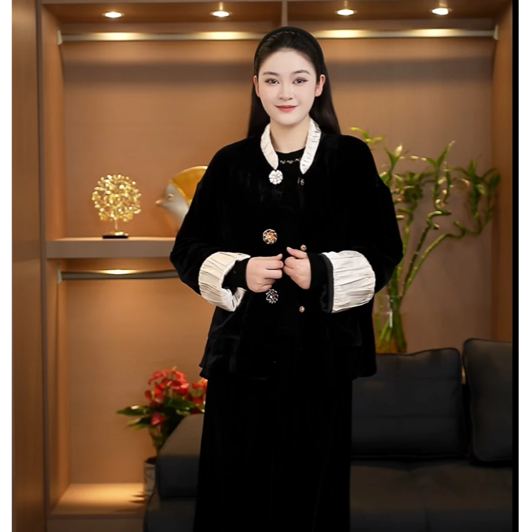 月影花香轻奢洋气减龄百搭真丝丝绒夹棉长袖外套A051120