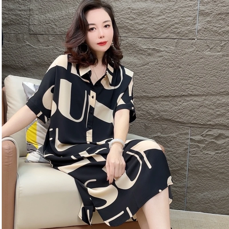 2025夏季韩版衬衫领轻奢印花气质优雅连衣裙