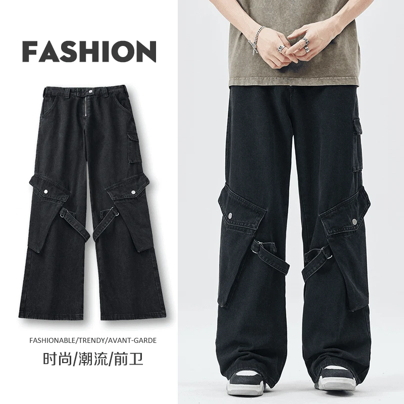 PLQV美式休闲拼接大口袋设计感休闲裤直筒宽松牛仔裤情侣大码百搭