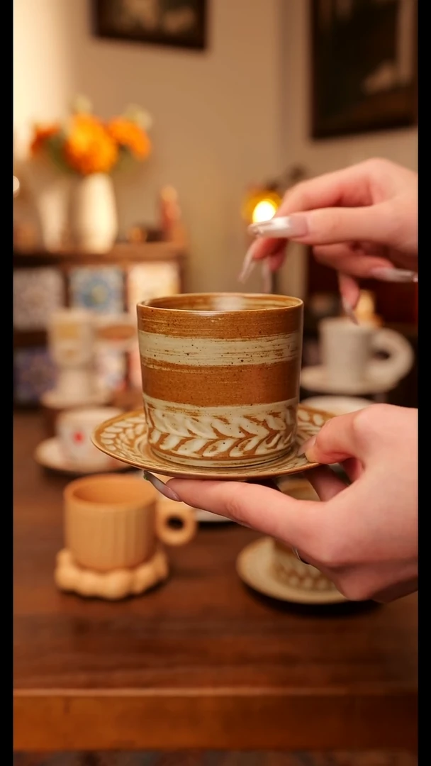 陶瓷便携款粗陶手作杯碟一套