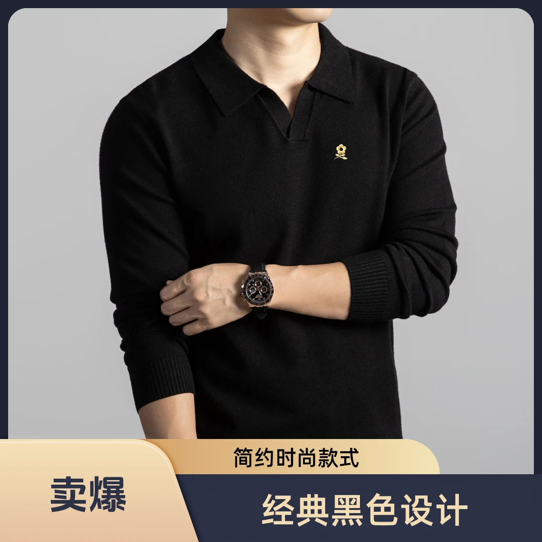 【奥莱】男装秋冬款针织衫羊毛刺绣薄款海鸥领翻领衫商务毛衣打底衫