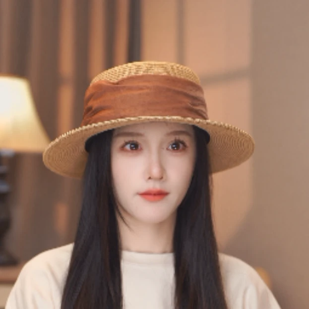 一棵藤平顶帽手工钩针草编沙滩海边太阳帽夏季时尚防晒帽遮脸夏天