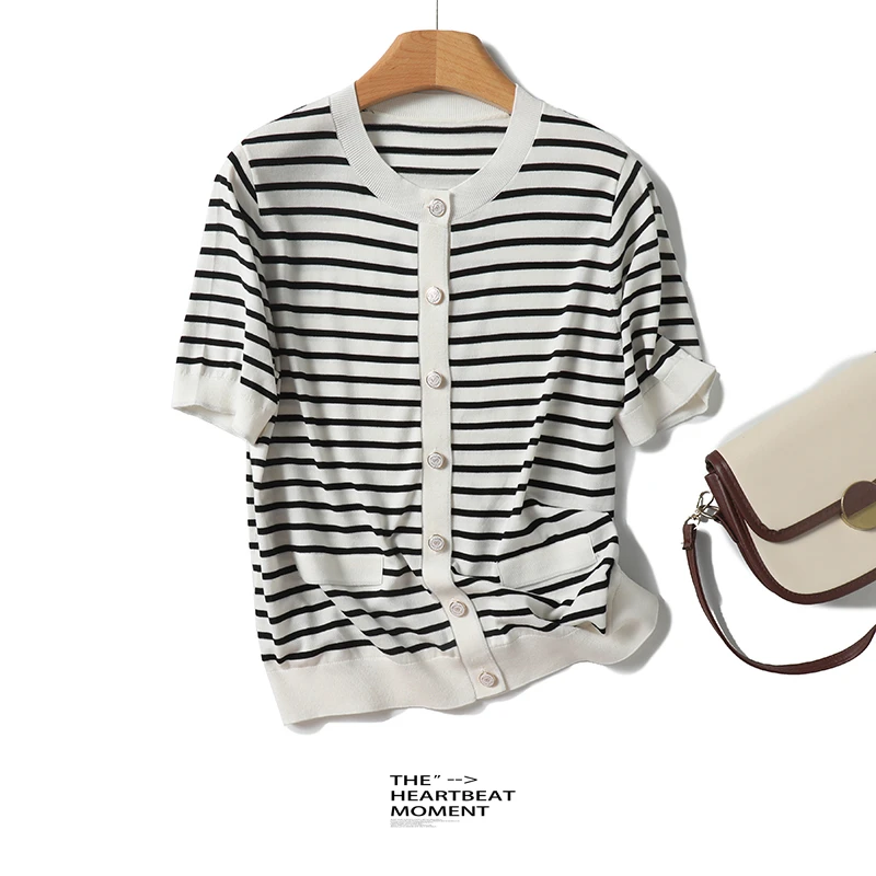 桑蚕丝莱赛尔天丝条纹圆领气质百搭女式真开衫25DAK0532