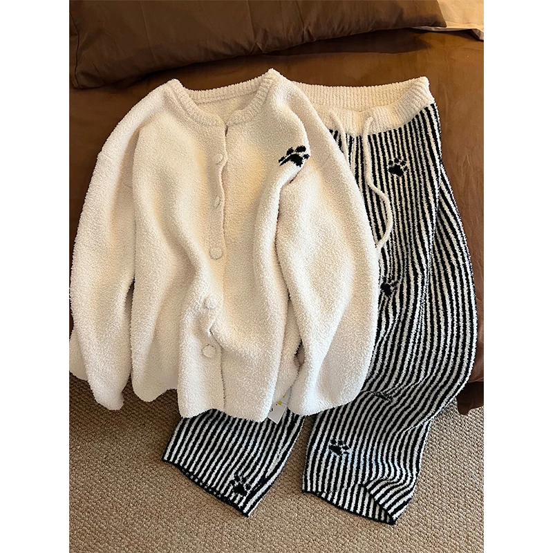 韩版ins风少女休闲开衫半边绒睡衣女秋冬季新款家居服条纹两件套