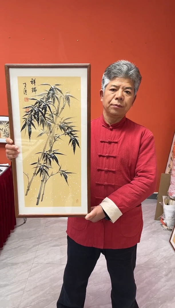 书法张富民手绘作品/祥瑞//古宣（乌檀木外框）35*70cm左右