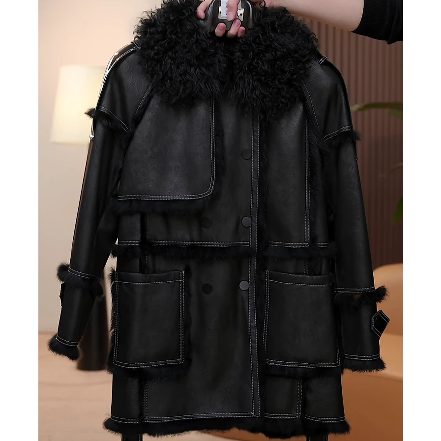 【茅茅专属】F23-219时尚百搭休闲设计师新款兔毛皮羊毛皮皮草外套