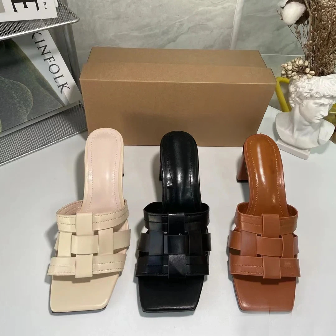 罗马时尚一字拖鞋外穿编织女士夏季高跟方头露趾女鞋低跟粗跟