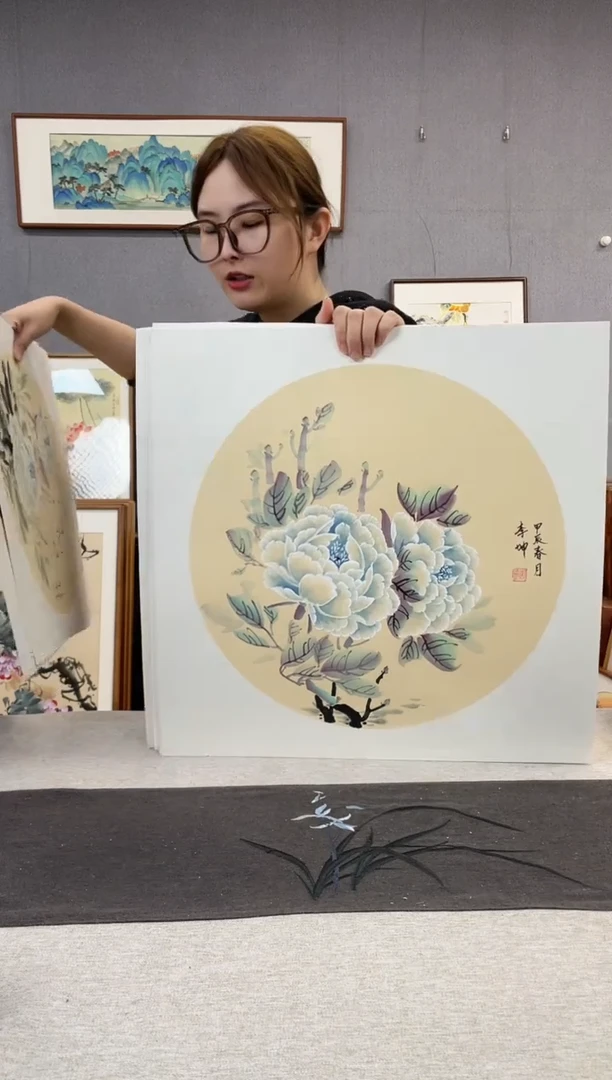 【闪购商品】国画李坤-手绘带框作品-53*53-牡丹
