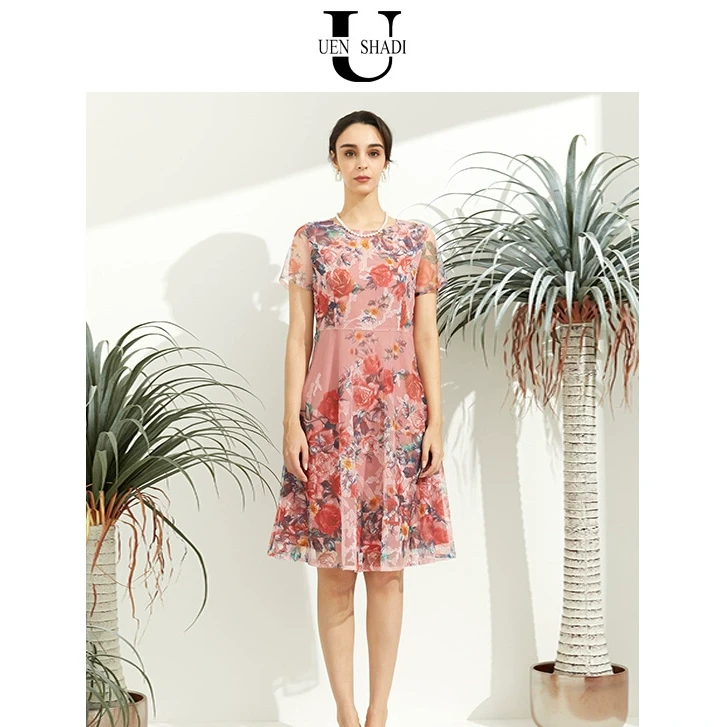 uenshadi温莎蒂夏季新款品牌女装时尚花色印花短袖连衣裙