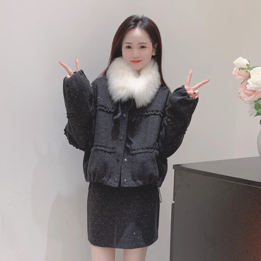 年货狐狸毛领小香风花边短款羽绒服冬季新年套装